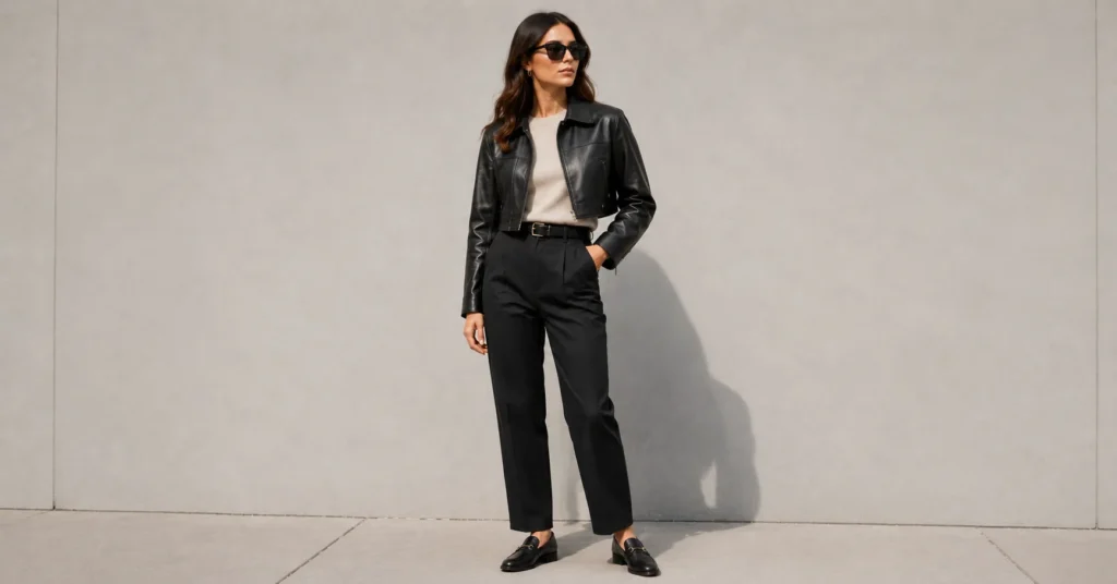 The Complete Guide to Leather Jacket Styles for Every Wardrobe 6 Woman wearing a cropped Leather Jacket Style.