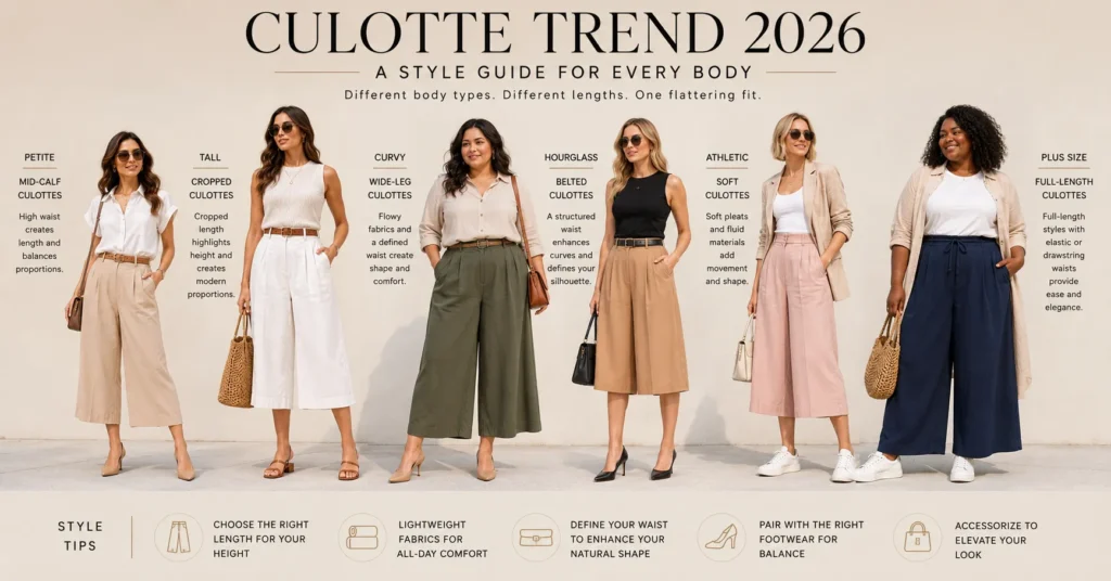 Culotte Trend 2026: The Bold Comeback Redefining Everyday Style 17 Culotte Trend 2026 body type styling guide showing flattering cropped wide-leg trouser outfits for women
