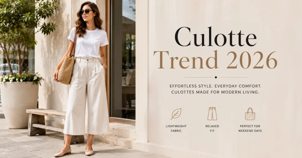 Culotte Trend 2026: The Bold Comeback Redefining Everyday Style 10 Culotte Trend 2026 casual weekend outfit featuring relaxed wide-leg cropped trousers