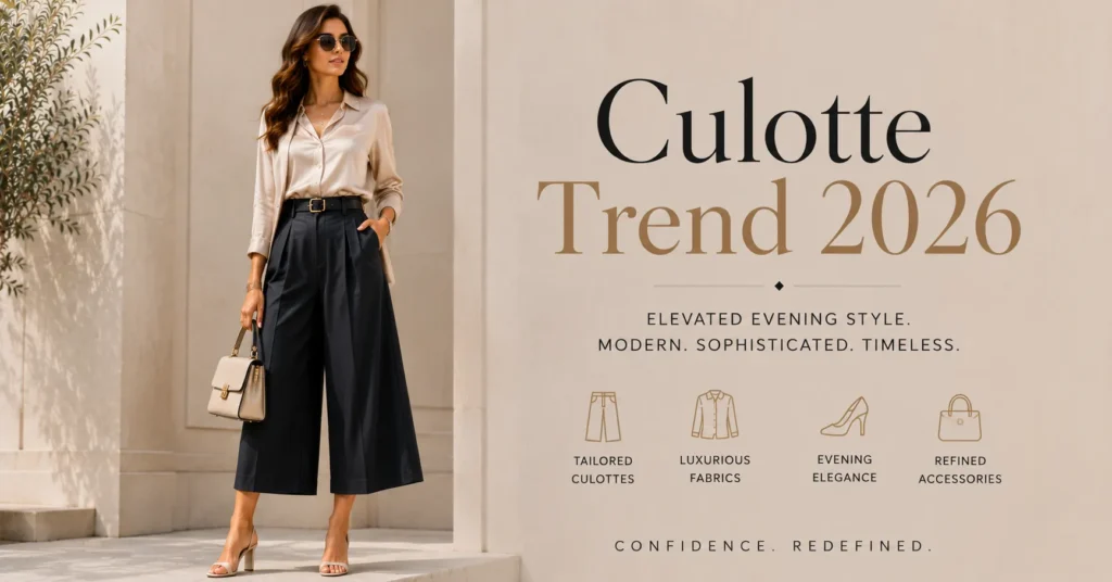 Culotte Trend 2026: The Bold Comeback Redefining Everyday Style 12 Culotte Trend 2026 evening outfit featuring elegant culottes and sophisticated accessories