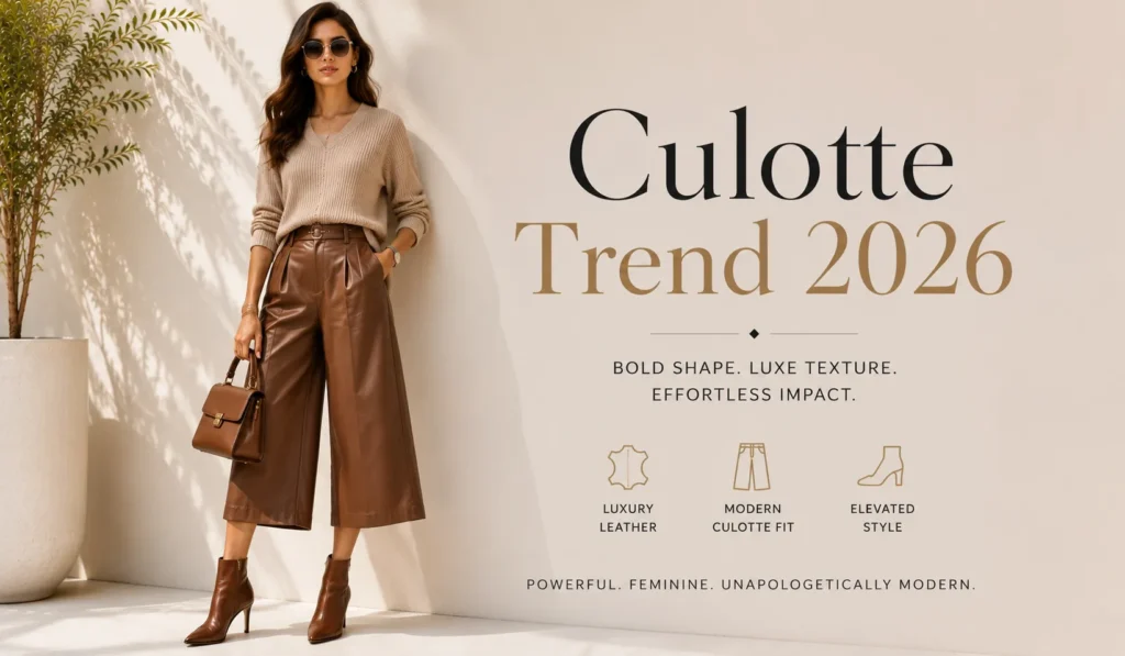 Culotte Trend 2026: The Bold Comeback Redefining Everyday Style 7 Culotte Trend 2026 leather culottes featuring an elegant luxury inspired fashion outfit