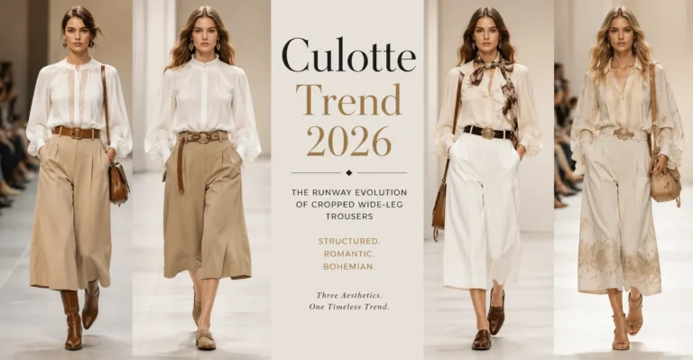Culotte Trend 2026 runway fashion showing modern cropped wide-leg trousers and luxury styling