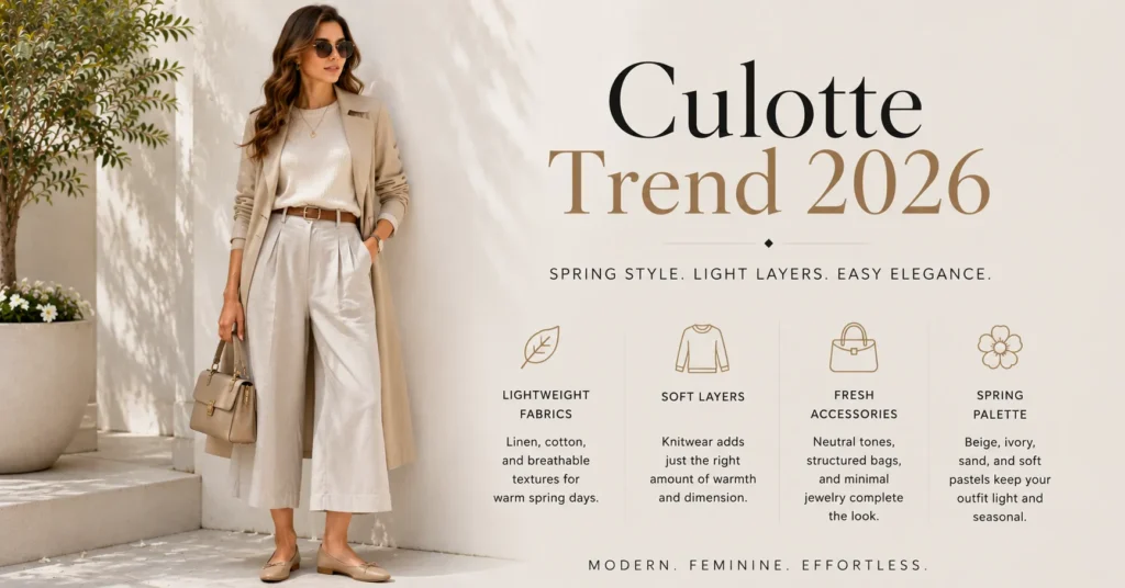 Culotte Trend 2026: The Bold Comeback Redefining Everyday Style 13 Culotte Trend 2026 spring outfit featuring layered linen culottes and seasonal fashion
