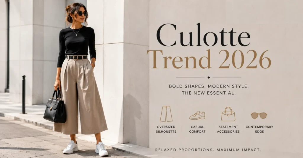 Culotte Trend 2026: The Bold Comeback Redefining Everyday Style 11 Culotte Trend 2026 street style outfit featuring modern cropped wide-leg trousers