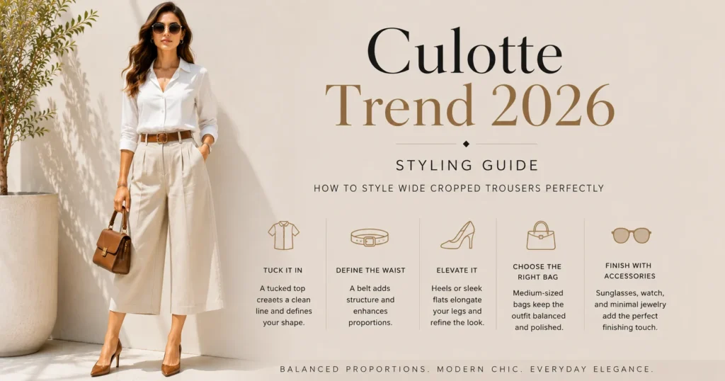 Culotte Trend 2026: The Bold Comeback Redefining Everyday Style 8 Culotte Trend 2026 styling rules showing balanced proportions and elegant cropped trousers