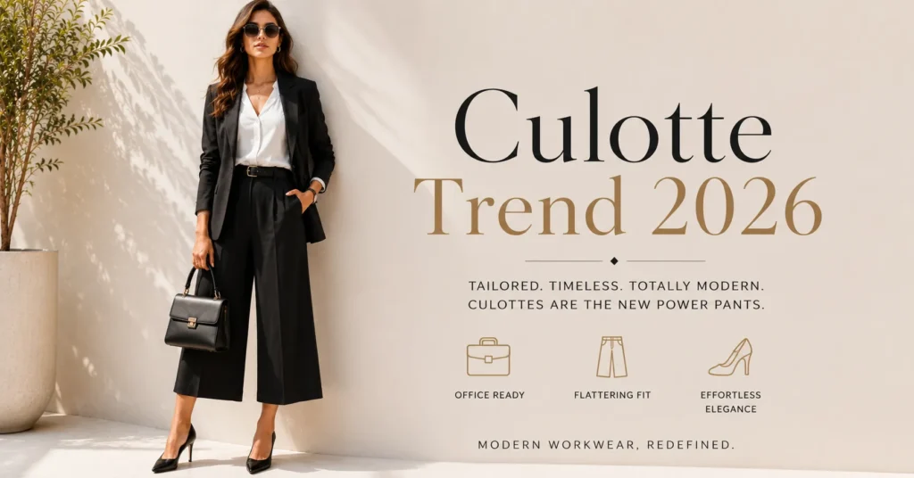 Culotte Trend 2026: The Bold Comeback Redefining Everyday Style 6 Culotte Trend 2026 tailored culottes styled as a modern professional workwear outfit