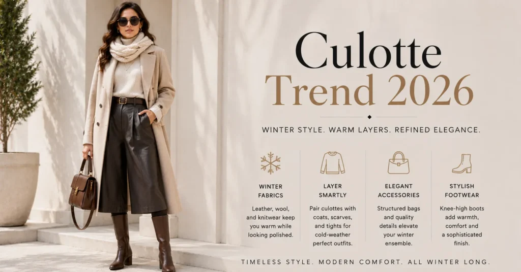 Culotte Trend 2026: The Bold Comeback Redefining Everyday Style 16 Culotte Trend 2026 winter outfit featuring warm layered culottes and elegant cold-weather fashion