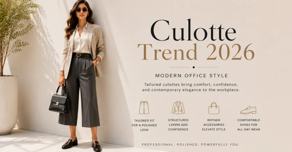 Culotte Trend 2026: The Bold Comeback Redefining Everyday Style 9 Culotte Trend 2026 workwear look featuring tailored culottes and professional fashion styling
