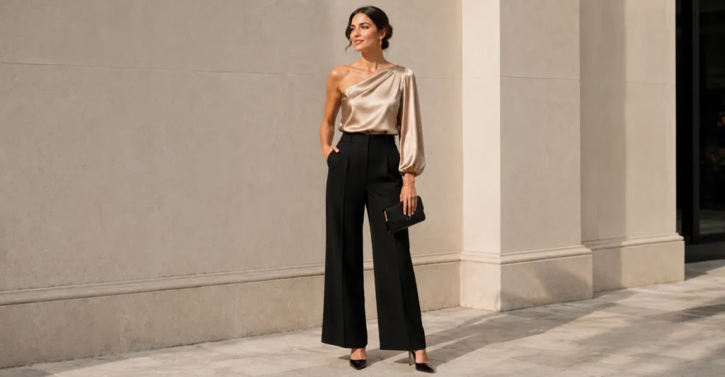The Complete Asymmetrical Top Outfit Guide: Styling That Actually Works 6 Date night Asymmetrical Top Outfit with a satin one-shoulder top and black wide-leg trousers.