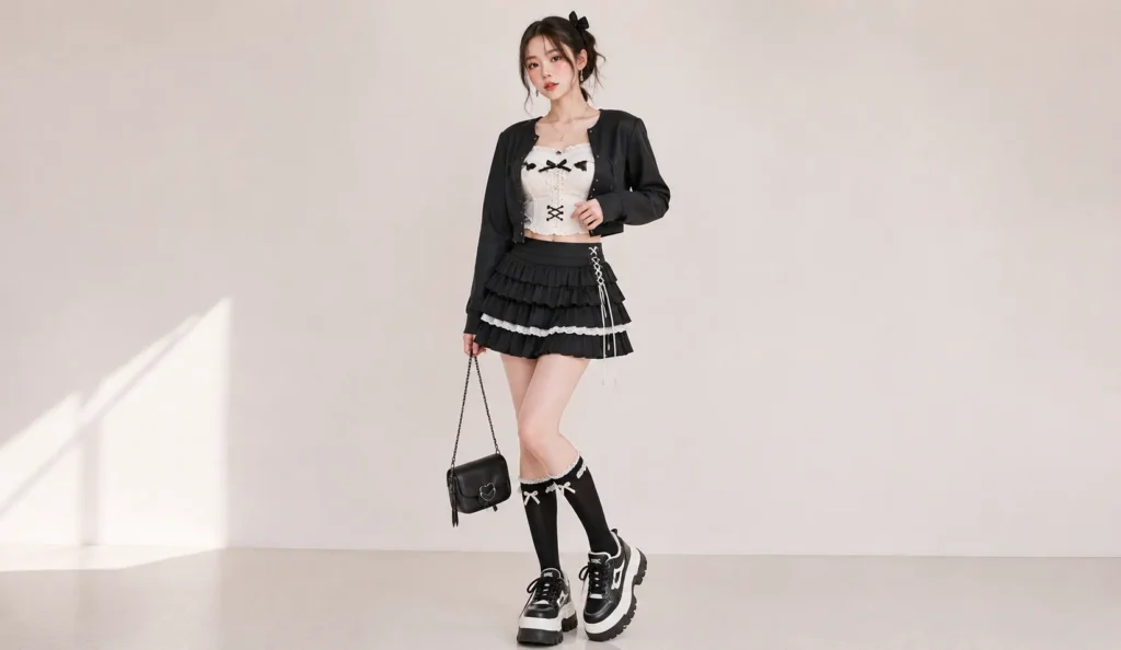 Douyin Dress to Impress black-and-white outfit featuring layered fashion, a pleated skirt, chunky sneakers, and cute accessories.