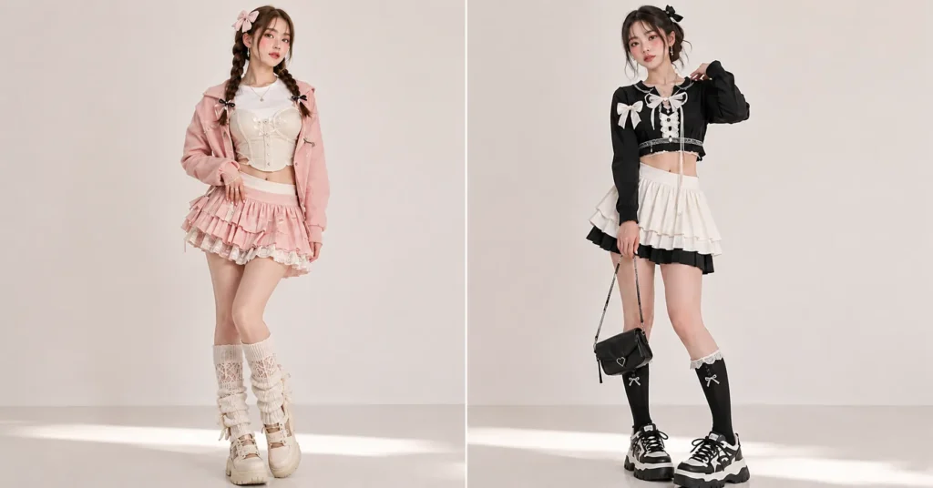 Douyin Dress to Impress color directions comparing a soft pink pastel outfit with a black-and-white Douyin look.