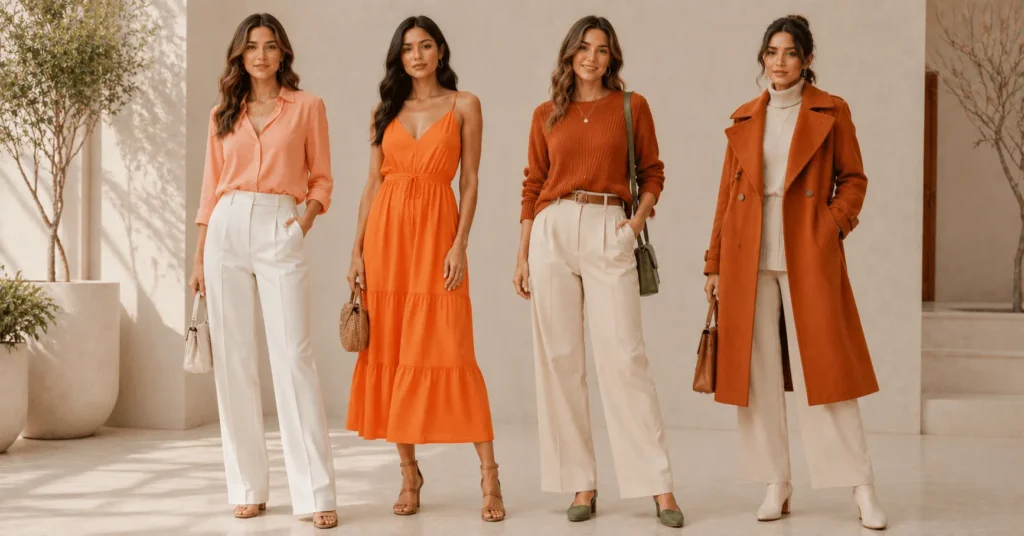 Orange Clothing Outfits styled for spring, summer, autumn, and winter using seasonal shades and fabrics.
