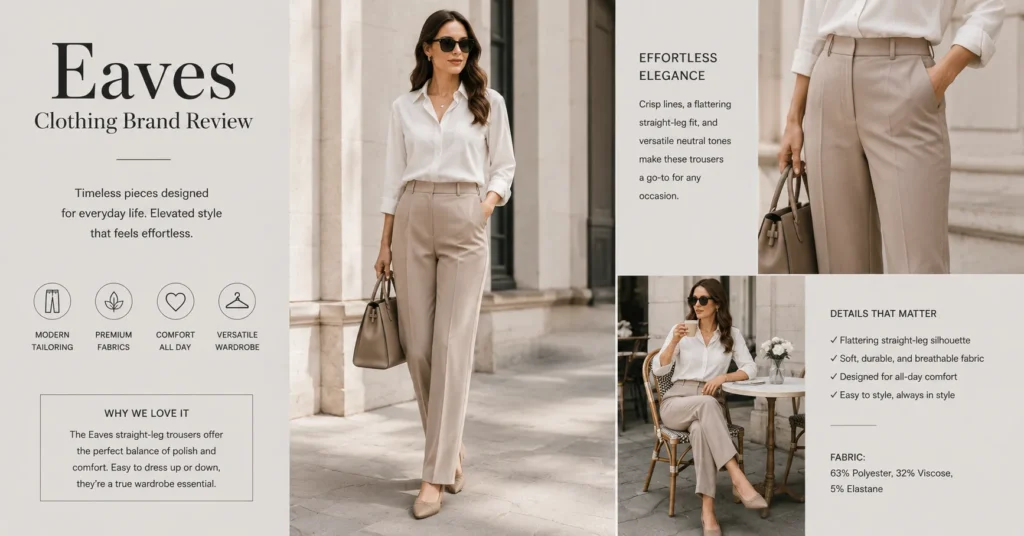 Eaves Clothing Brand Review featuring straight-leg trousers with elegant tailored styling
