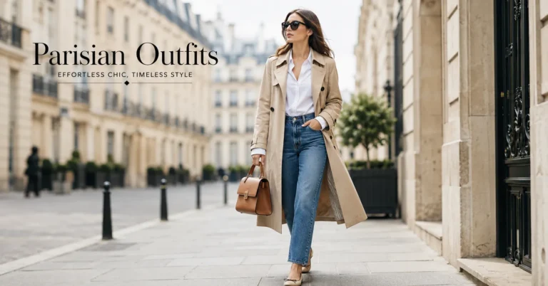 Elegant Parisian Outfits featuring a timeless French-inspired trench coat, white shirt and straight-leg jeans