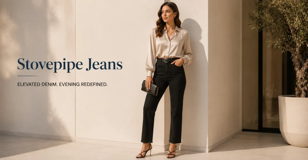 Stovepipe Jeans Explained: Powerful Fashion Tips & Outfit Ideas 10 Elegant evening outfit inspiration featuring black stovepipe jeans and chic accessories