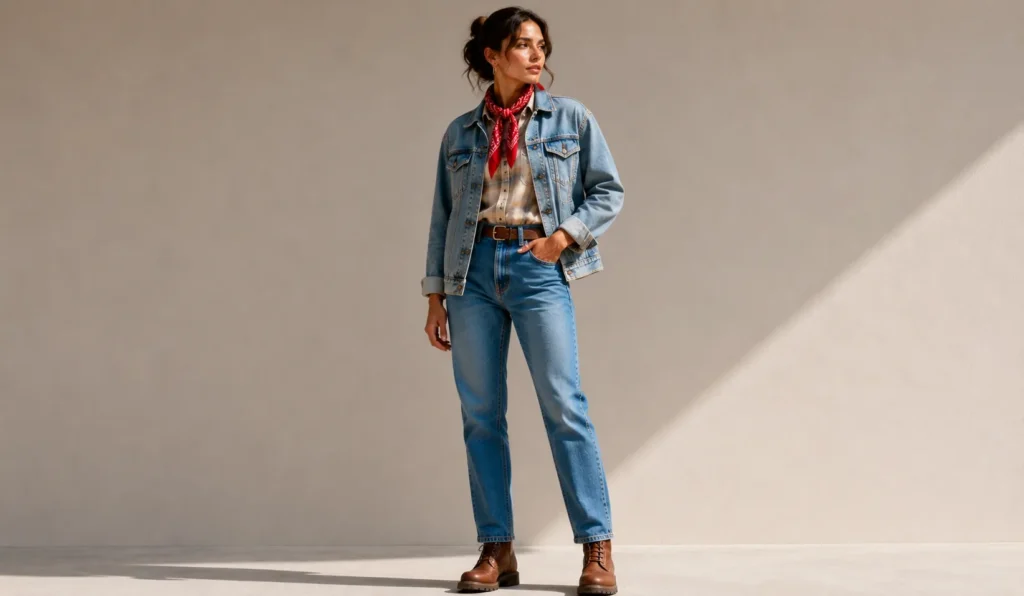Red Bandana Outfit for fall and winter featuring layered denim, flannel, and a red neck scarf