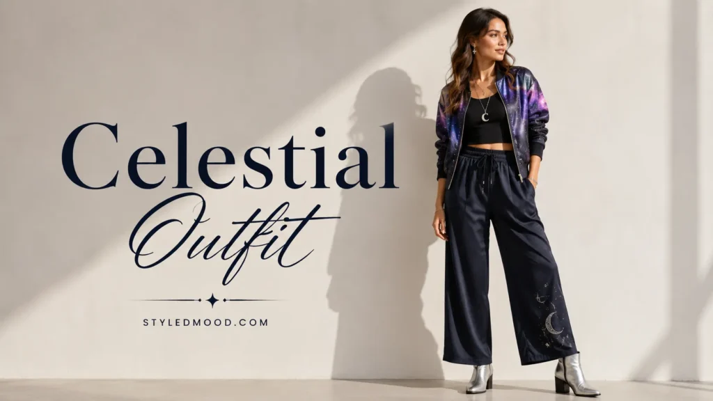 The Celestial Outfit Guide Stylists Wish You Had 7 Festival-inspired Celestial Outfit with galaxy jacket and modern celestial accessories.