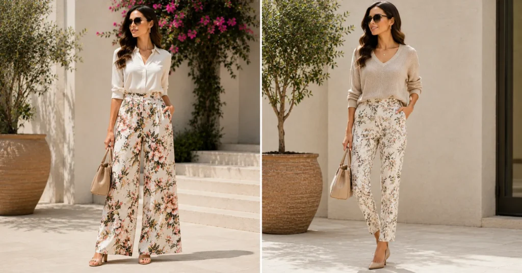 Floral and Printed Pants Styles: How to Wear Them With Confidence 9 Floral and Printed Pants Styles demonstrating balanced outfit proportions and fit