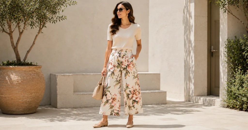 Floral and Printed Pants Styles: How to Wear Them With Confidence 7 Floral and Printed Pants Styles featuring cropped culotte printed trousers