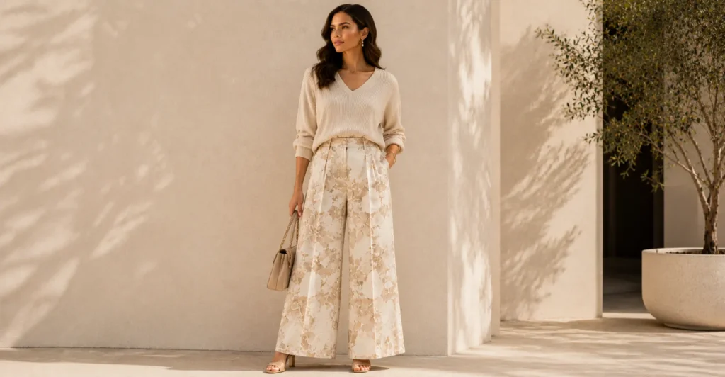 Floral and Printed Pants Styles: How to Wear Them With Confidence 20 Floral and Printed Pants Styles featuring elegant monochrome tonal prints