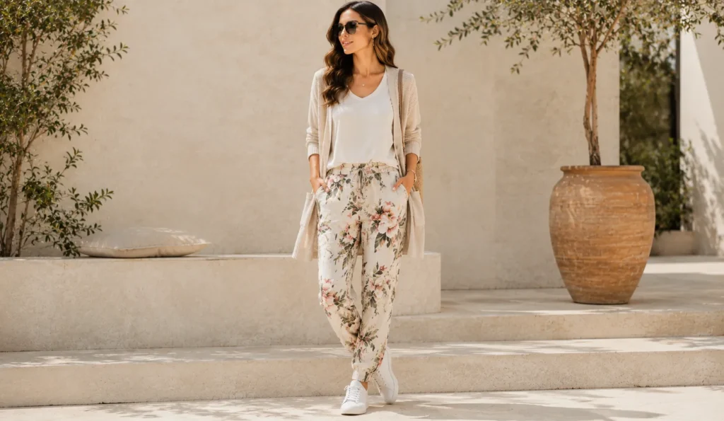 Floral and Printed Pants Styles: How to Wear Them With Confidence 6 Floral and Printed Pants Styles featuring relaxed linen joggers and casual outfit inspiration
