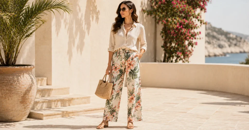 Floral and Printed Pants Styles: How to Wear Them With Confidence 15 Floral and Printed Pants Styles for vacation and resort outfit inspiration