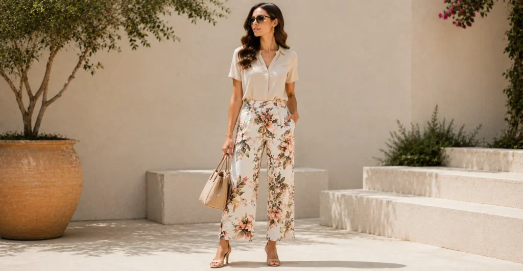 Floral and Printed Pants Styles: How to Wear Them With Confidence 8 Floral and Printed Pants Styles paired with a solid top for balanced outfit styling