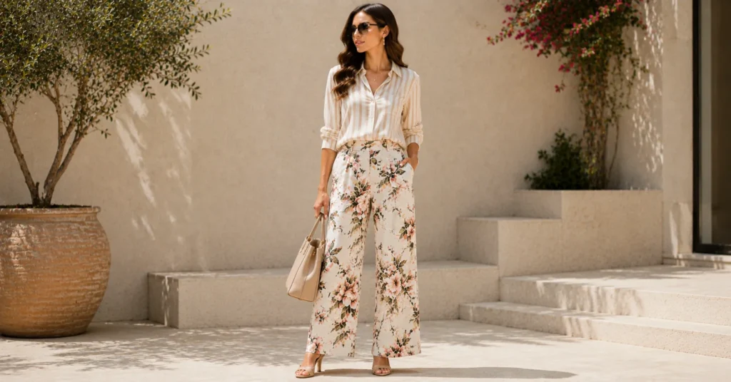 Floral and Printed Pants Styles: How to Wear Them With Confidence 11 Floral and Printed Pants Styles showing elegant print mixing ideas