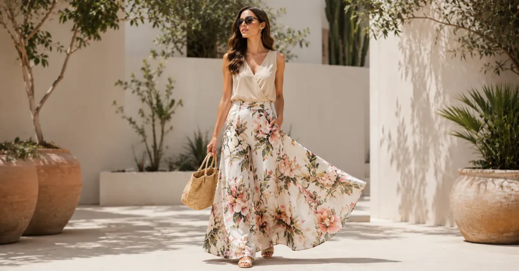 Floral and Printed Pants Styles: How to Wear Them With Confidence 3 Floral and Printed Pants Styles with elegant wide-leg palazzo floral trousers