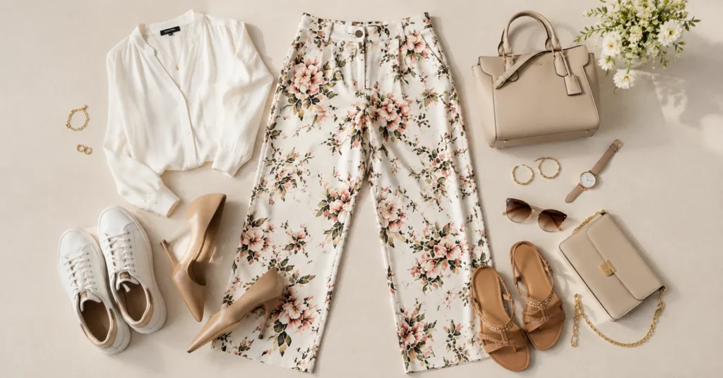 Floral and Printed Pants Styles: How to Wear Them With Confidence 10 Floral and Printed Pants Styles with neutral shoes and handbags for timeless styling