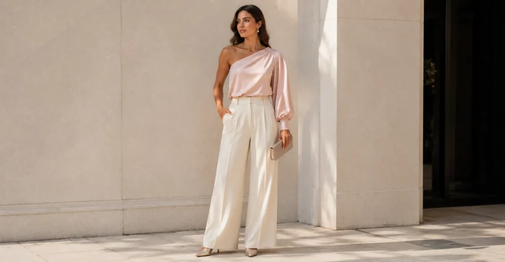 The Complete Asymmetrical Top Outfit Guide: Styling That Actually Works 7 Formal Asymmetrical Top Outfit with a structured crepe blouse and ivory wide-leg trousers.