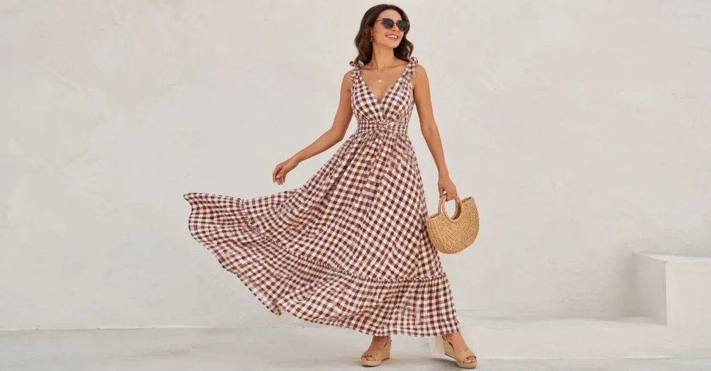 Gingham Dress: The Timeless Wardrobe Staple You'll Reach for Again and Again 5 Gingham Dress featuring a flowing maxi silhouette with elegant styling