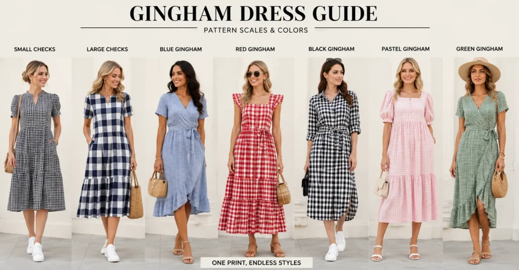 Gingham Dress: The Timeless Wardrobe Staple You'll Reach for Again and Again 8 Gingham Dress guide comparing different colors and check sizes.