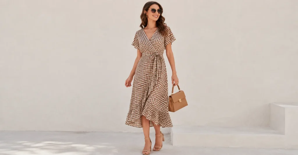 Gingham Dress: The Timeless Wardrobe Staple You'll Reach for Again and Again 6 Gingham Dress in a flattering wrap style with elegant accessories.