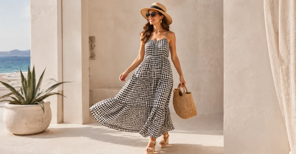 Gingham Dress: The Timeless Wardrobe Staple You'll Reach for Again and Again 13 Gingham Dress styled for a beach vacation with relaxed summer accessories.