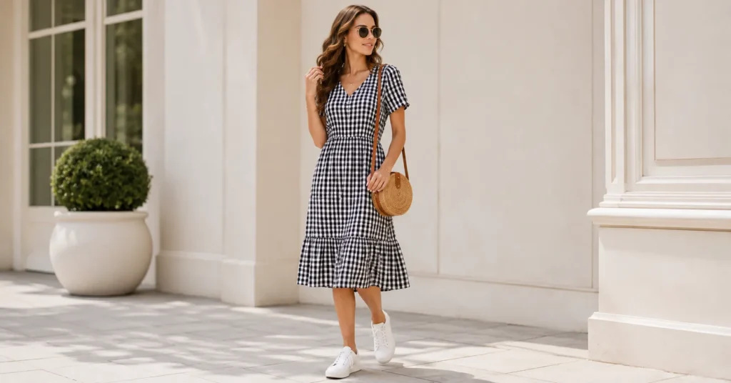 Gingham Dress: The Timeless Wardrobe Staple You'll Reach for Again and Again 9 Gingham Dress styled for a casual everyday outfit with sneakers.