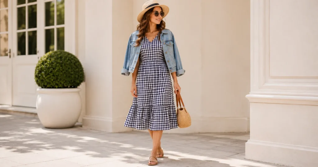 Gingham Dress: The Timeless Wardrobe Staple You'll Reach for Again and Again 10 Gingham Dress styled for a picnic with straw accessories and sandals.