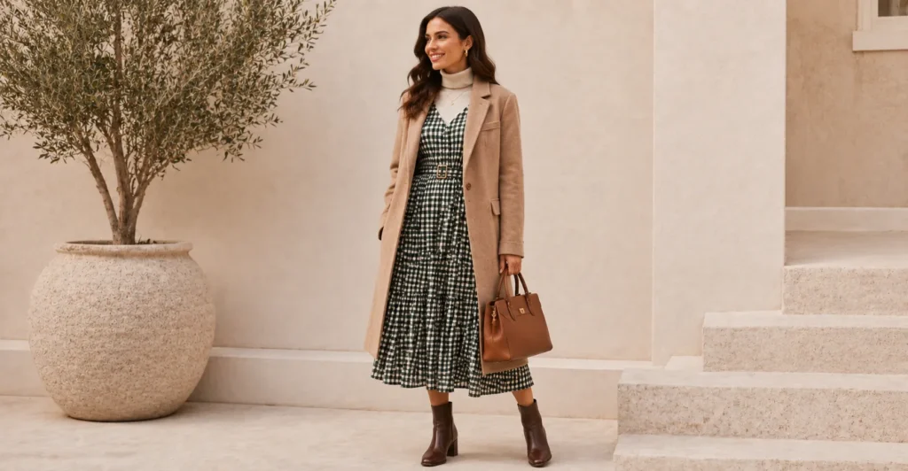 Gingham Dress: The Timeless Wardrobe Staple You'll Reach for Again and Again 16 Gingham Dress styled for fall with cozy layers and ankle boots