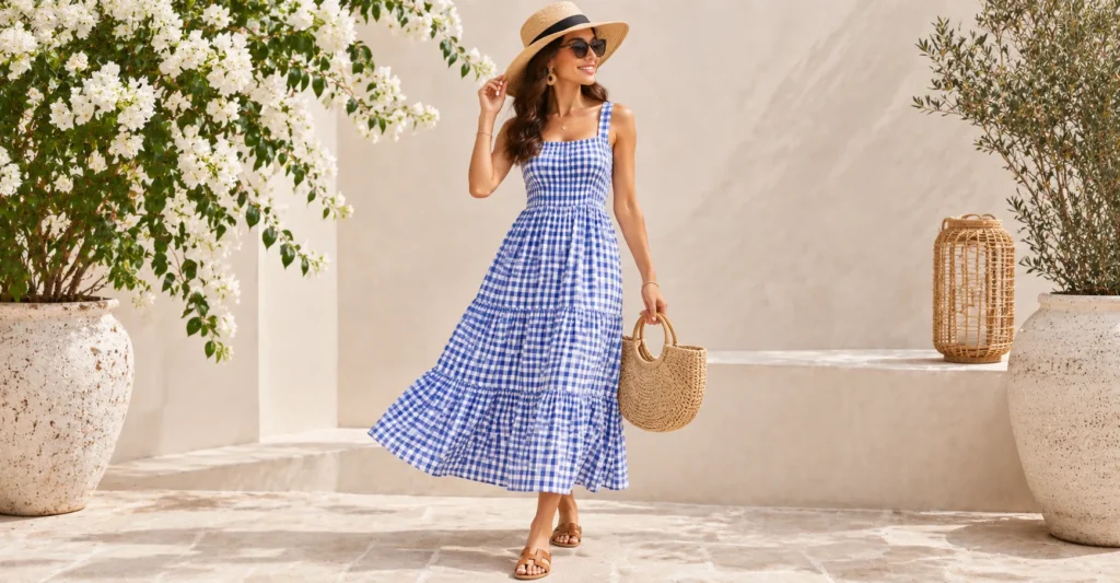 Gingham Dress: The Timeless Wardrobe Staple You'll Reach for Again and Again 15 Gingham Dress styled for summer with breezy seasonal accessories.