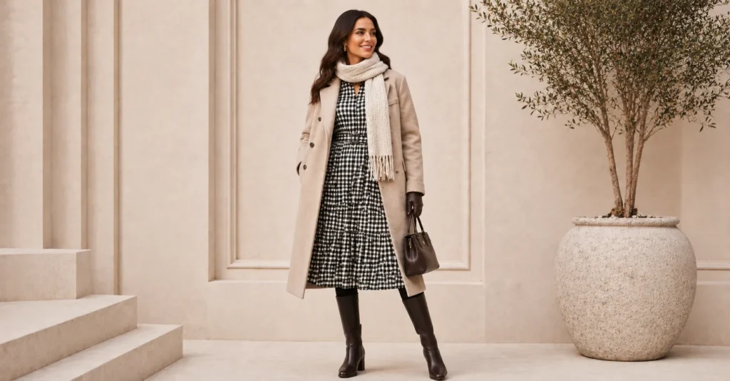 Gingham Dress: The Timeless Wardrobe Staple You'll Reach for Again and Again 17 Gingham Dress styled for winter with layered cold-weather fashion