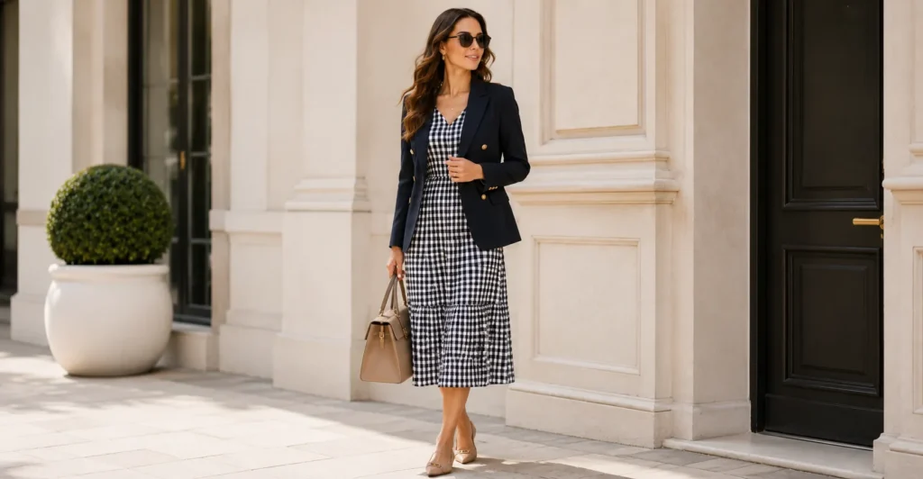 Gingham Dress: The Timeless Wardrobe Staple You'll Reach for Again and Again 11 Gingham Dress styled for work with a blazer and smart-casual accessories.