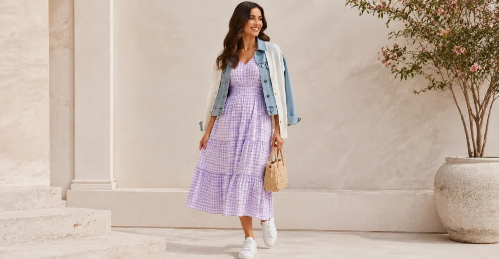 Gingham Dress: The Timeless Wardrobe Staple You'll Reach for Again and Again 14 Gingham Dress styled with spring layers and casual seasonal accessories.