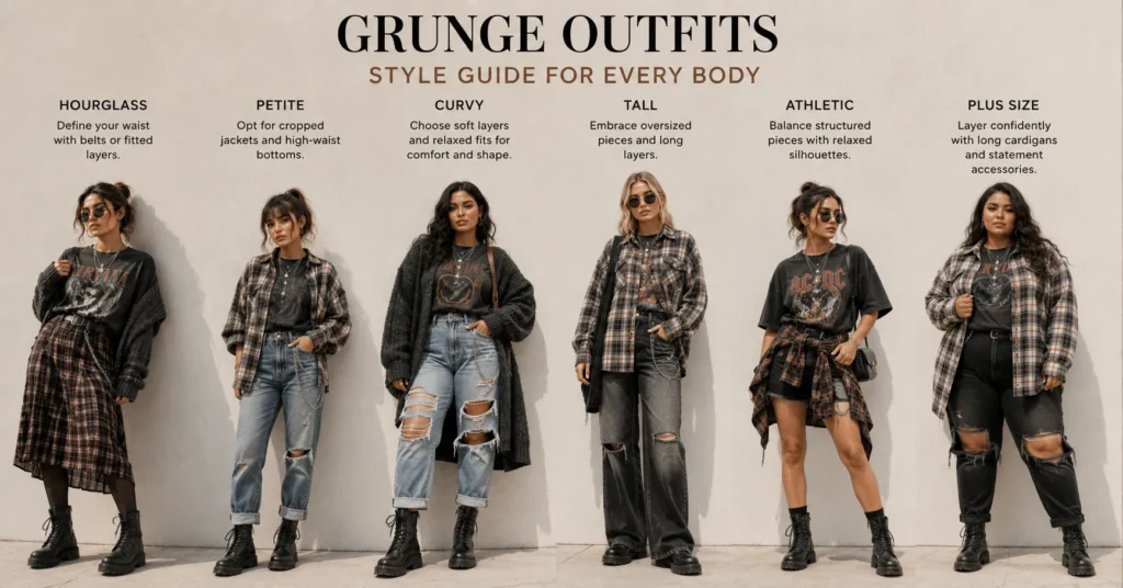Grunge Outfits: The Bold Style Guide to Effortless Edge 11 Grunge Outfits body type guide featuring flattering layered looks for different body shapes