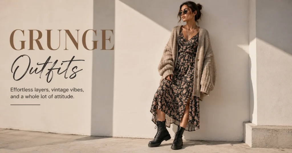 Grunge Outfits: The Bold Style Guide to Effortless Edge 4 Grunge Outfits combining feminine floral dress styling with chunky boots and knitwear.