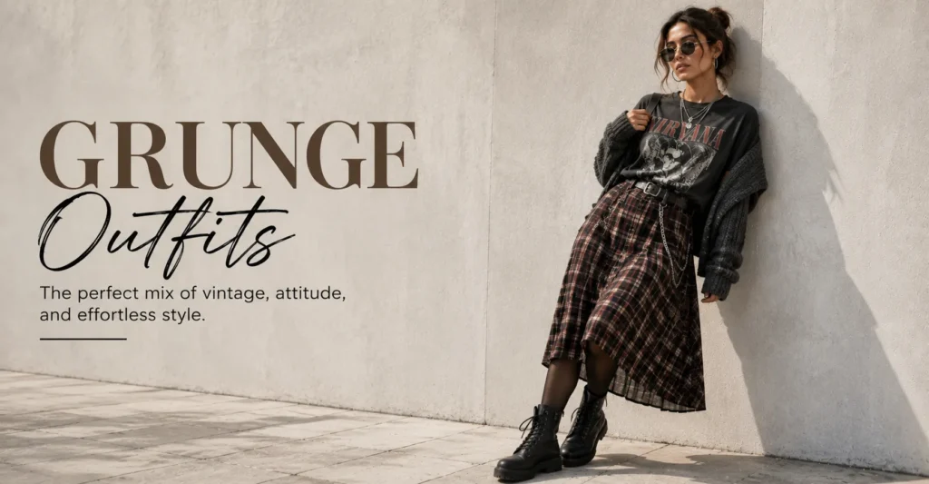 Grunge Outfits: The Bold Style Guide to Effortless Edge 6 Grunge Outfits featuring layered plaid skirt styling with oversized tee and combat boots.
