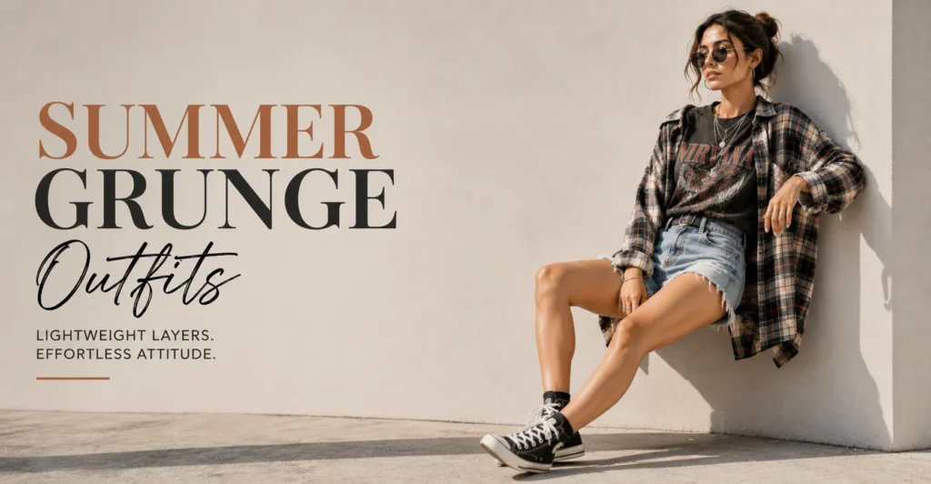 Grunge Outfits: The Bold Style Guide to Effortless Edge 8 Grunge Outfits for summer featuring graphic tee, denim shorts, and lightweight layers