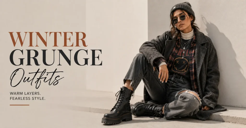 Grunge Outfits: The Bold Style Guide to Effortless Edge 10 Grunge Outfits for winter featuring layered flannel, wool coat, and combat boots