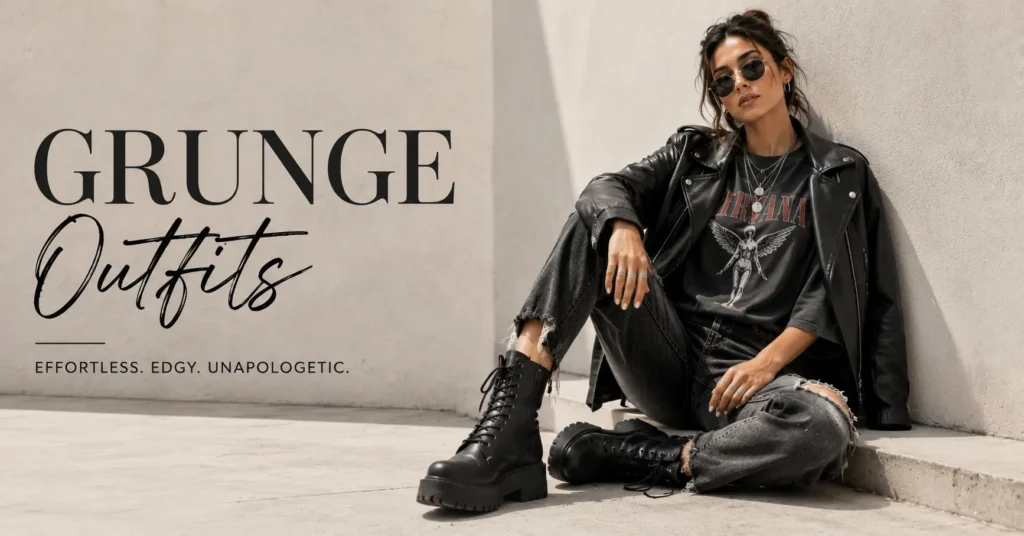Grunge Outfits: The Bold Style Guide to Effortless Edge 5 Grunge Outfits showcasing modern dark layered fashion with distressed denim and leather jacket.