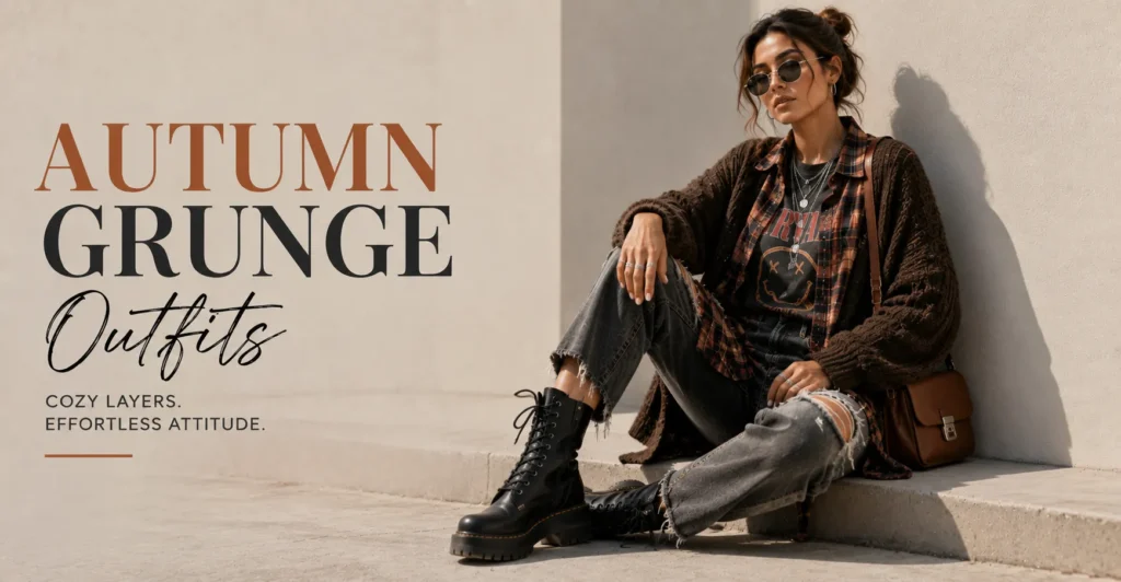 Grunge Outfits: The Bold Style Guide to Effortless Edge 9 Grunge Outfits styled for fall with layered flannel, cardigan, and combat boots.