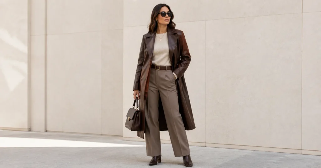 Ladies Brown Coat Trend featuring a sophisticated brown leather coat styled for modern fashion